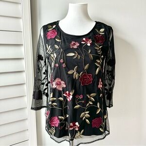 Charter Club Black Floral Embroidery 3/4 Length Sleeve Shirt Size Medium…